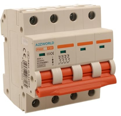 Interruttore Magnetotermico Trifase 4P 50A C50, Curva C 10kA, 4 Moduli DIN 380V AC, Certificato IEC60898-1, Serie PB8H