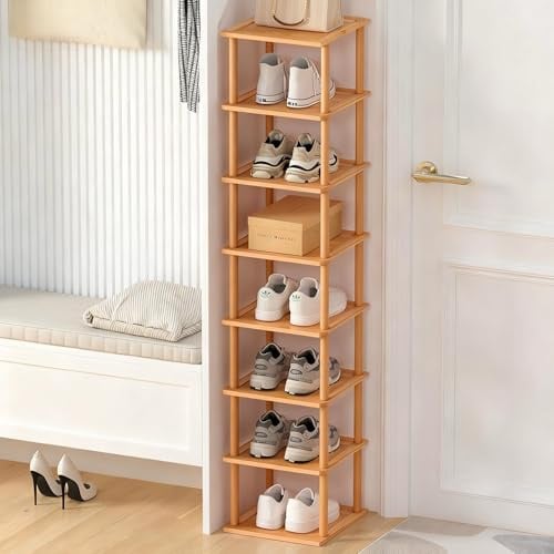 Aniston Bambus-Schuhregal, 8 Ebenen, vertikales Schuhregal für kleine Räume, freistehend, hoch, schmal, Schuh-Organizer für Garage, Schrank, Tür, Ecke, Wohnzimmer, kleine Räume