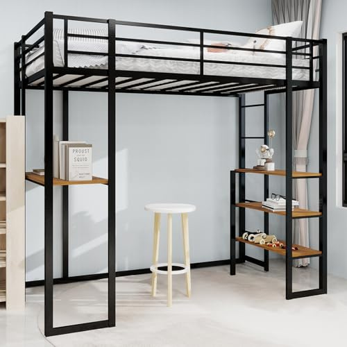 Hochbett mit Schreibtisch 90x200 cm, Stabiles Etagenbett aus Metall für Kinder und Jugendliche, Jugendbett mit Rausfallschutz und Leiter, L-förmiger Tisch, Platzsparendes Loftbett (Schwarz, Stil B)