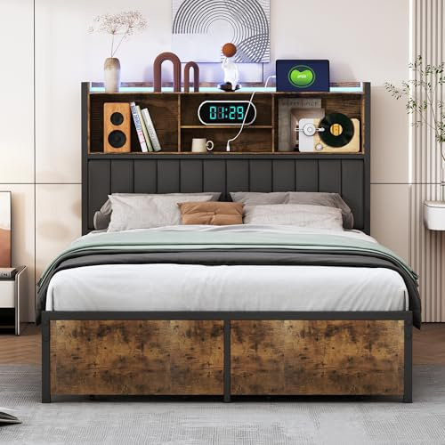 ADWOLT Lit 160 x 200 cm avec sommier à lattes en métal, lit double avec éclairage LED et prises USB, cadre de lit 160 x 200 cm, avec tête de lit en bois et espace de rangement, marron