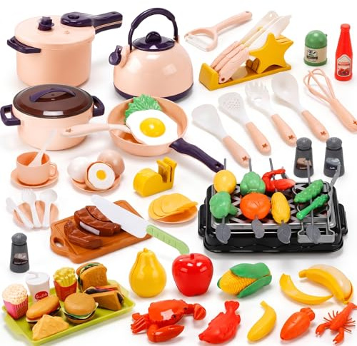 CUTE STONE Play Kitchen Accessories, Cooking Set for Kids with Cutting Play Food & Pretend BBQ, Kids Kitchen Playset with Toy Pots & Pans, Toy Kitchen Sets Learning Gift for Toddlers Girls Boys