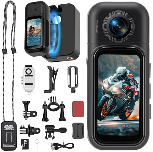 Action Cam 1080P WiFi con Obiettivo Rotante 180° e Grandangolare 120° | Schermo Touch 1,47, Scheda TF 64GB, Cam Impermeabile 30M con Custodia, Cam Casco Moto Bodycam