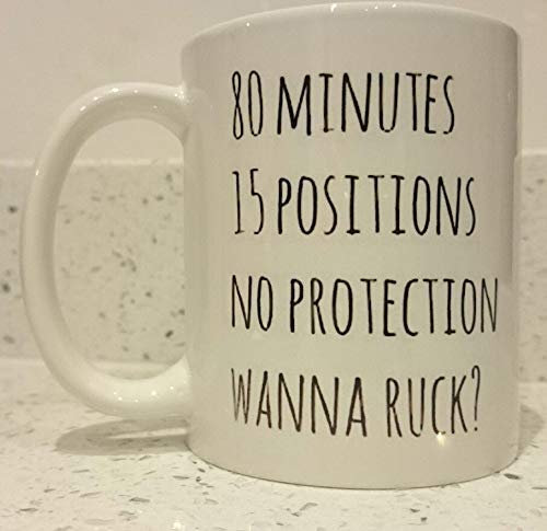 Funny Rugby Mug 80 minutes 15 posistions no protection wanna ruck Rude Girlfriend Boyfriend Cup