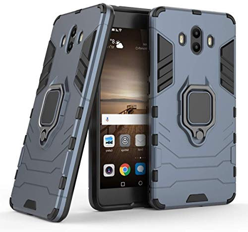 Compatible con Mate10 Funda, Anillo Metálico Sujeción Soporte Antichoque Rígido Caja (Funciona con el Montaje de Coche Magnético) Doble Capa Sólido Case Carcasa para Huawei Mate 10 (Azul Marino)