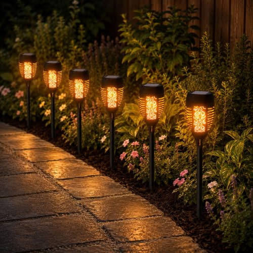 Solalite 6 Pack 36 LED Solar Torch Light Lantern Dancing Flickering Flame Effect Stake Stick Light Waterproof Outdoor Garden Landscape Path Lamp, Black