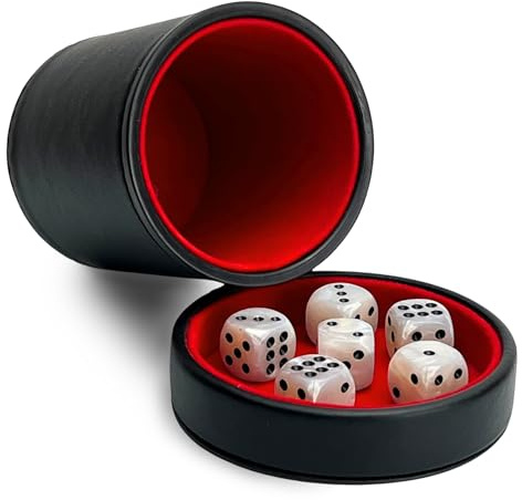 Luck Lab Black Leather Dice Cup w/Lid & 6 Matching Pearl Dice for Yahtzee