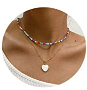 Jovono Boho-Halskette mit mehrlagigem Perlenanhänger, goldfarben, Herzanhänger, Ketten, Strand-Rocailles, Schmuck, für Damen und Mädchen
