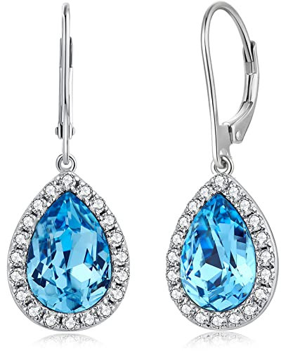 Damen Ohrringe Silber 925 Hängend - Tropfen Blau Modeschmuck Lang Weißgold Ohrstecker