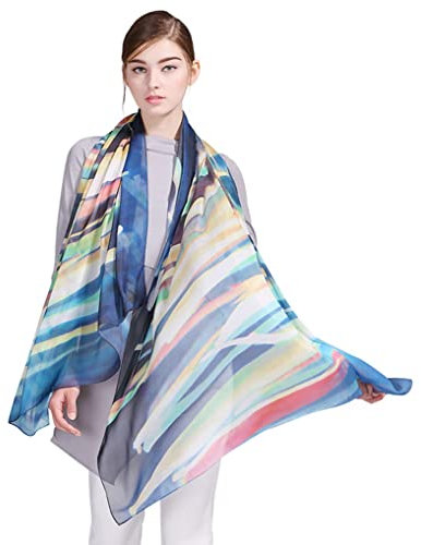 Prettystern Donna Xxl Grande Pura Seta Chiffon Foulard Scialle Sciarpa Elegante Sarong Pareo Cerimonia Festa Stola Pennellata colorata Y12
