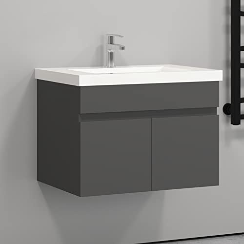 HAPAOSO Waschtisch mit Unterschrank 60 cm Breit Grau Badmöbel Set Hängend 2 Soft-Close Türe MDF-Platte