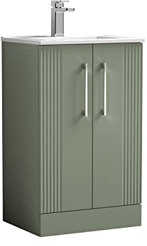 nuie DPF823B Deco Modern Bathroom Floor Standing 2 Door Part Fluted Vanity Basin Unit with Minimalist Ceramic Basin, 500mm, Satin Green