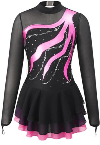 ranrann Robe Patinage Artistique Fille Enfant Justaucorps Gymanstique Manches Longues Strass Tenue Ballet Gym Costume Spectacle 5-16 Ans Rose&Noir 7-8 Ans