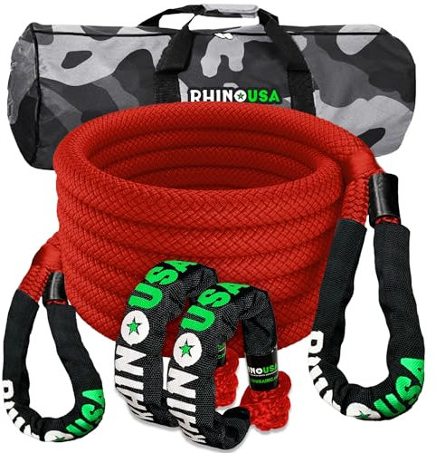 Rhino USA Kit de Récupération de Corde Cinétique 13,000 kg - 2.2 cm x 9 m - Sangle Remorquage Voiture Tout-Terrain avec 2 Manille Treuil 4x4 pour UTV ATV LKW Tracteur Camion Quad - Rouge