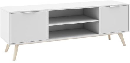 AltoBuy BLAJK - Meuble TV 140cm 2 Portes Scandinave MDF et Pin Massif Naturel et Blanc