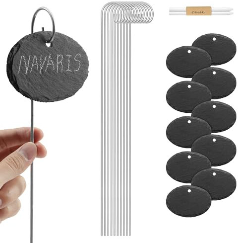 Navaris Set 10x Etichette per Piante in Ardesia 10 x 7 cm - Cartellini Segnanome con Asta 40 cm - Targhette in Pietra Scrivibili Ovali - Accessori Giardinaggio con 2 Gessi