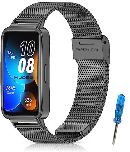 MIJOBS Armband Kompatibel mit Huawei Band 10/9 / 8 Armbänder Edelstahl Metallarmbänder für Männer, Frauen Uhr Ersatzarmband, Schwarz