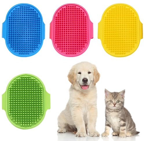 SPOKKI 4 Stück Hunde Bade Bürste, Hundepflegebürste mit Verstellbarem Ringgriff, Haustier Badebürste Massage Gummi Kamm Fell Reinigungs Bürste für Kurzhaar Hunde und Katzen