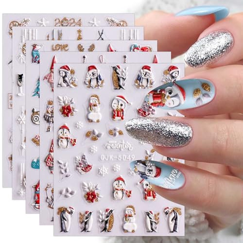 3D Christmas Nail Stickers, 6 Sheets 5D Self-Adhesive Embossed Nail Decal Cartoon Penguins Snowman Snowflakes Nail Art Decoration Design Supplies