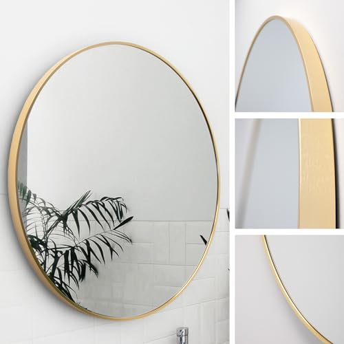 M MERCEO Spiegel rund 70cm, eingefasst im edlen goldenem Aluminium Rahmen - aufhängefertiger Wandspiegel mit kristallklarer Spiegelung mit High-Definition-Glas - für Bad, Flur, Wohnzimmer