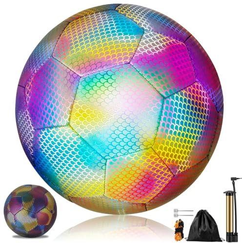 Glowing Soccer Ball - Reflective Luminous Official Size 5, Holographic Light Up Bright for Kids Adults Outdoor Sports