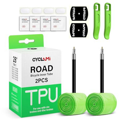 CYCLAMI 30g Cámara Bicicleta Carretera, TPU neumático de Bicicleta de Carretera 28'',Compatible con 700x18/23/25/28/30/32C, válvula Presta (Incluye Kit de reparación de Parches) (2P-AMI30g-65-EU)