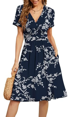 Actcat V-Ausschnitt Kleid Kurzarm Casual Kleider Sommerkleid mit Taschen | mit Taschen,Wrap,Elegant,a linie,Freizeitkleid,Floral Kleid