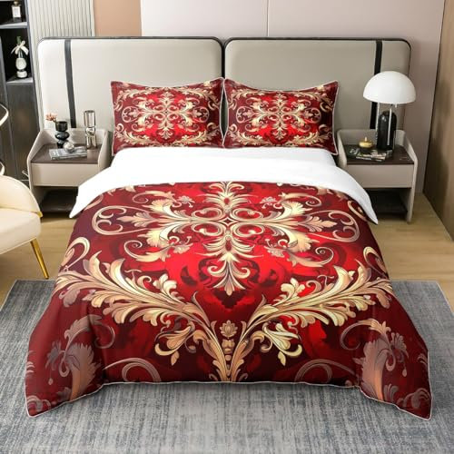 Homewish 100% Baumwolle Erwachsene Rot Damast Tröster Bezug 135x200,Bohemian Paisley Weiche Bettbezug, Western Damast Thema Bettwäsche Set Zimmer Dekor, Antike Viktorianische Barock Bettwäsche