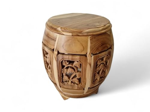 Kinaree Teak Beistelltisch TIANJIN - Massivholz Blumenständer im Asia Kolonial Stil - Kaffeetisch mit Schnitzerei (Natur)