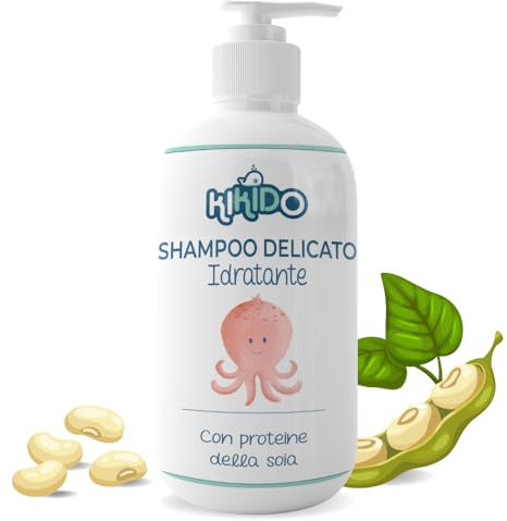 Kikido Shampooing Bébé 250 ml - Shampoing Bebe Enfant Protéines de Soie et Lait, Pour Peaux Sensibles, Gel Nettoyant Doux Émollient - Shampooing Sans Larmes 250 ml