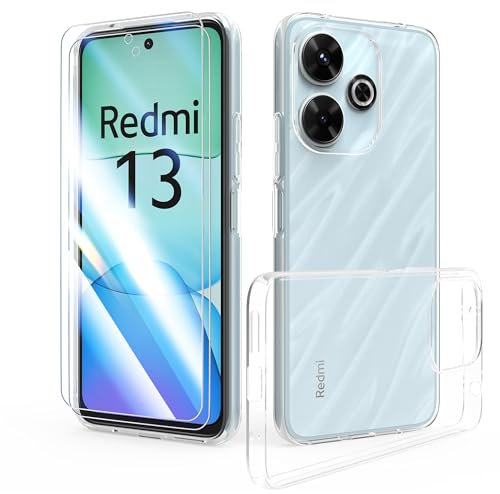 SMYTU Klar Hülle für Xiaomi Redmi 13 4G (6,79 Zoll) mit 2 Stück Schutzfolie Handyhülle,Schutzhülle Stoßfest Clear Flexible TPU Bumper Cover - Transparent