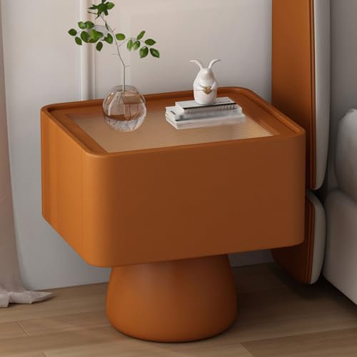 Kreativer moderner Nachttisch aus Mikrofaser-Leder und Holz mit Schublade und Arbeitsplatte aus gehärtetem Glas, multifunktionaler Beistelltisch für Wohnzimmer-Schlafzimmer-Couch, 45 cm, braun To