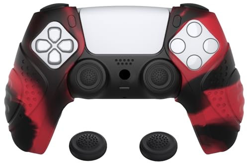 PlayVital Coque pour ps5 Manette Protection Accessoire Contorller Housse Silicone avec Capuchon Joystick Compatible avec ps5 Station de Charge-Rouge & Noir