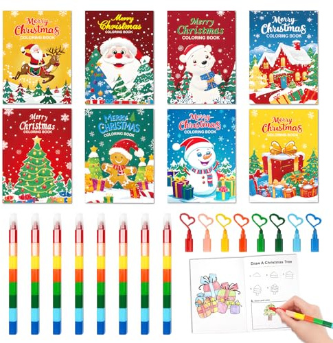Confezione da 8 mini libri da colorare natalizi con 8 scatole di pastelli, libro da colorare, bomboniere per bambini, mini libro da colorare, riempitivo per sacchetti di dolcetti, articoli per feste