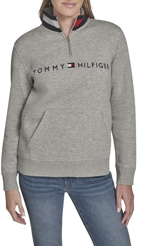 Tommy Hilfiger Damen Fleece Mockneck 1/4 Zip Soft Sweatshirt, Stone Grey Heather, XL