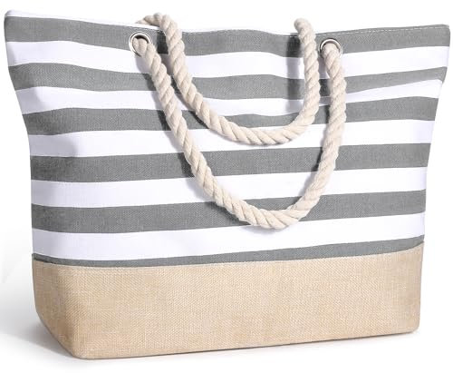 sprecenk Borsa da Spiaggia Grande Borsa Mare Donna in Tela, Impermeabile Tracolla Estivo Beach Tote Bag con Cerniera per Spiaggia Viaggi Shopping Palestra, Grigio Chiaro