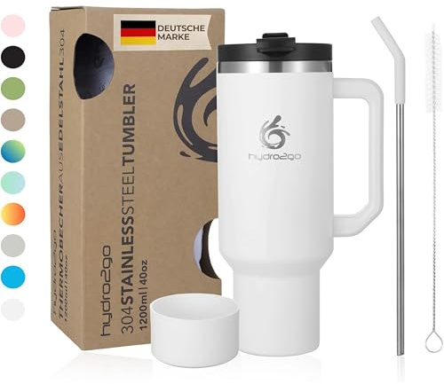 hydro2go® 1200ml/40oz Thermobecher, Kaffeebecher to Go, Isolierbecher mit Griff & Strohhalm, Reise- & Autobecher, Tumbler für Heiß- & Kaltgetränke (Glacier, 1200 ml)