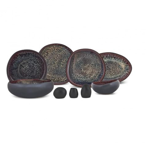 Karaca Earth Collection Galactic 55-tlg Steingut-Geschirrset für 12 Personen, Mehrfarbige Teller Set, Spülmaschinen Geschirr Set, Tafelservice mit Reaktivglasur, Schwarz