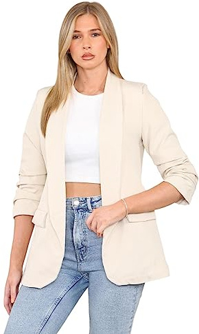eyes Lined Blazers for Women Casual Long Ruched Sleeve Suit Plain Open Jackets Work Office Coats Cardigan Suit Formal Jacket Top Solid Color Collar Italian Ladies Blazer Size (Stone, UK 18)