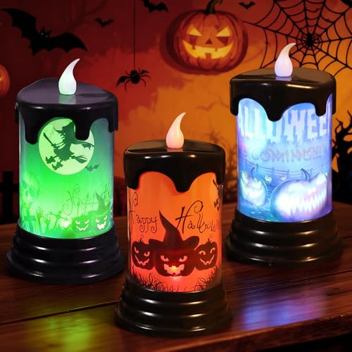 Halloween LED Kerzen,3 Stück Halloween Deko Kerzen LED Teelichter Flammenlose Licht mit Hexen Fledermaus Kürbis Totenkopf Muster Batteriekerzen Stumpenkerzen für Halloweens Deko Innen Außen Tischdeko
