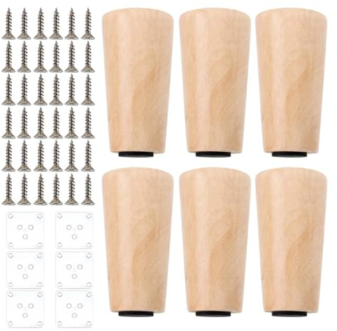 Enwye Lot de 6 Pieds de Meubles en Bois de 10 cm, Pieds de canapé en Bois avec vis de Montage, Pieds de Meubles Coniques de Remplacement en Bois pour Table, canapé et Armoire