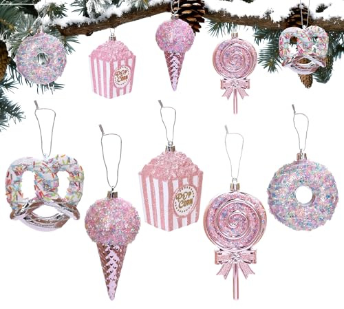 5-teiliges Weihnachtsschmuck-Set mit süßen Leckereien: Donuts, Popcorn, Lutscher, Kekse und Eiscreme, perfekt für Festliche Dekorationen.