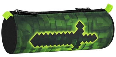 sarcia.eu Pixel Federmäppchen für Jungen, RUNDES, Beutel für Schulmaterialien FÜR Spieler, Gamer, Schwarz-grüne 22x8x8cm (Pixel Rund)