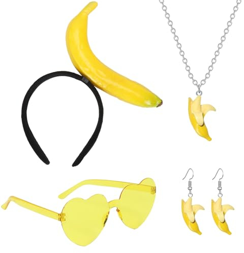 Augesak Bananen Kostüm,4 Stück Lustiges Banane Haarreif Haarband Set,Bananen Halskette,Ohrringe,Herz Brille,Bananenkostüm für Fasching KarnevalHalloween Cosplay Dress up