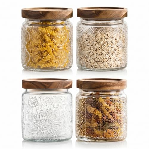 LZDGCC 4er Set 500ml Vorratsdosen Glas mit Deckel, Vorratsgläser mit holzdeckel, Luftdichte Vorratsgläser Aufbewahrungsglas, Luftdichte Glasbehälter für Lebensmittel Mehl Hülsenfrüchte Spice