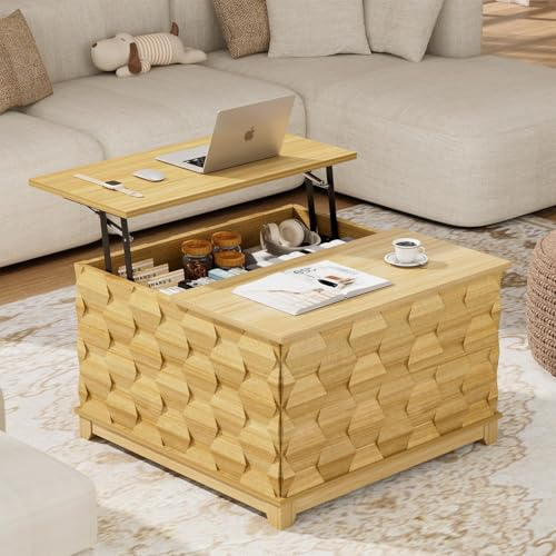 Aauro Home Bar Cabinet Table for Living Room, Wooden Wine Coffee Tables with Hidden Storage Drawer, Lift-Top Sofa Drinks Cabinet with Embossed Texture for Living Room Furniture, Natural