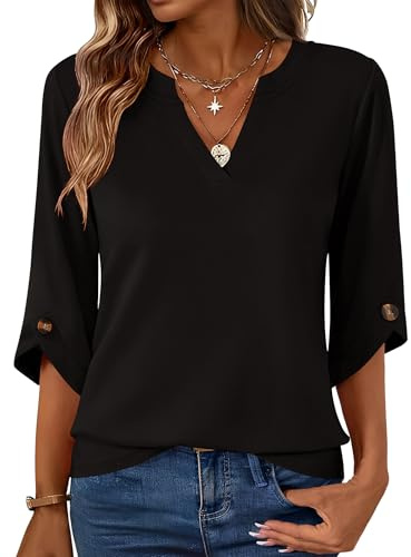 Rapbin Womens Tops UK 3/4 Sleeve T Shirts V Neck Shirt Summer Fall Blouse | Womens Tops UK 3/4 Sleeve T Shirts 2026 V Neck Shirt Summer Fall Blouse Tunic Casual Loose Clothes Outfits