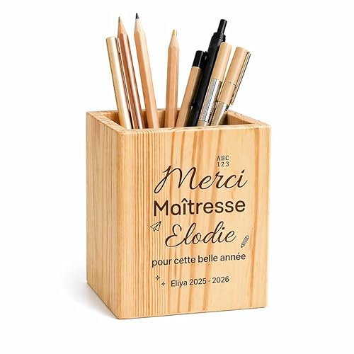 Générique Pot à crayons personnalisé en bois 10x8 cm | Avec prénom et message, Cadeau maîtresse fin d'année scolaire, Merci pour cette année, Rangement bureau