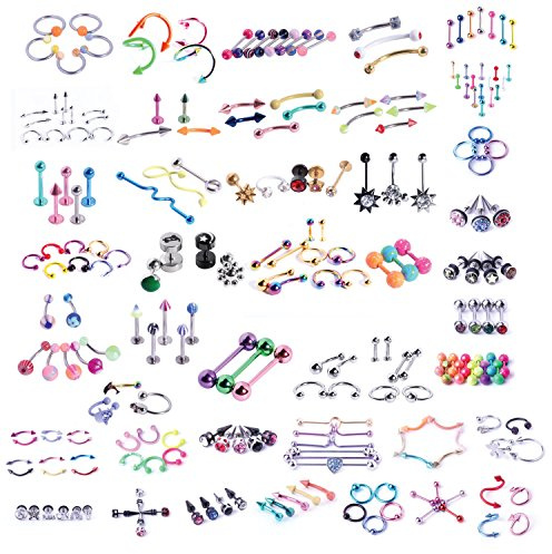 BodyJ4You 120PC Body Piercing Random Jewelry Kit - CBR BCR Rings Barbells Studs Screws Curved Bars - Belly Button Cartilage Tragus Nose Septum Tongue - 14G 16G 18G Steel Bulk Mix