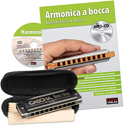 CASCHA Mundharmonika Lern-Set inklusive hochwertiger Harmonika in C-Dur diatonisch, Italienischer Einsteiger Schule, Case und Pflegetuch, ideal für Anfänger und Erwachsene, Schwarz
