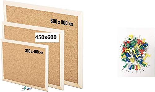 KAV Wooden Frame Cork Notice Boards, Office Memo School with 100 Push Pins Classic Wood Frame Board (60CM x 90CM)